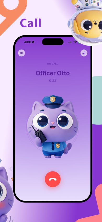 Officer Otto app — live pretend phone call screen with Officer Otto talking to a child