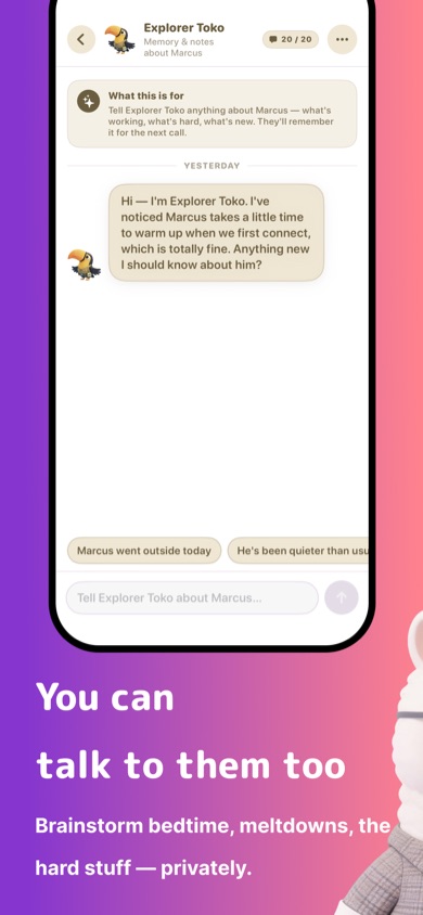 Officer Otto app — per-child memory timeline showing what each character remembers